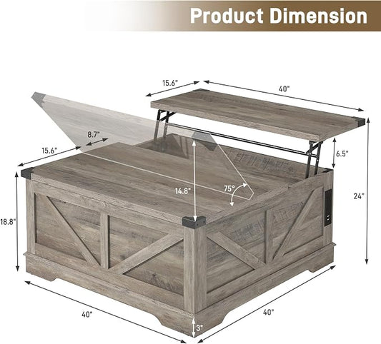 Hlivelood 40” Large Farmhouse Lift Top Coffee Table with Power Outlets and Large Hidden Storage, Square Wood Living Room Tables, Multi-Function Lift Wooden Barn Door Center Table, Grey