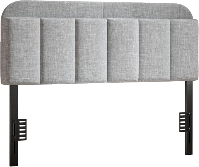 Headboard for Full/Queen Size with LED Light, Upholstered Bed HeadBoard with Storage, Linen Fabric Head Board with Vertical Channel Design, Height Adjustable, Easy to Assemble, Light Grey
