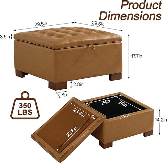 WUTUTUEE 30" Faux Leather Square Storage Ottoman with Wooden Tray, Modern Tufted Button Footstool Coffee Table, Upholstered Large Ottoman for Living Room, Bedroom, Brown
