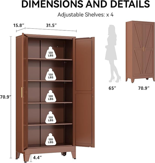 COFaR 71" Metal Pantry Cabinet in Brown, 5-Tier Storage with Adjustable Shelves, Metal-Tone Cupboard for Kitchen, Office & Living Room Organization