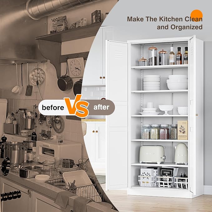 Yizosh Metal Storage Cabinet - 71" White Kitchen Pantry with 2 Doors and 5 Adjustable Shelves, 5-Tier Tall Steel Locker for Living Room, Dining Room