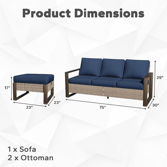 Joyside Outdoor Patio Sofa, 4 Pieces Wicker Rattan Furniture Set, 1 Patio Couch and 2 Ottoman, Metal Wide Armrest, Thick Cushions and Deep Seating for Garden, Backyard, Porch, Deck