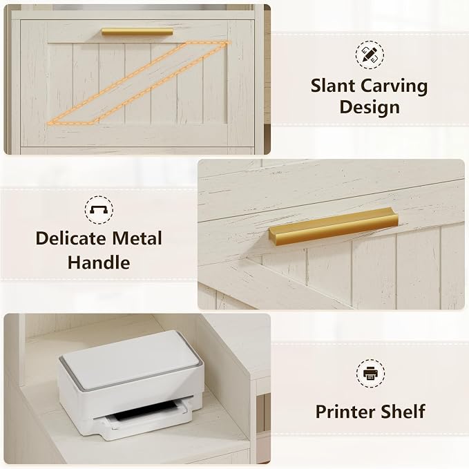 YOMILUVE 63" Farmhouse L Shaped Executive Desk with Drawers & Storage Shelf, Corner Computer Desk with Power Outlets, L Shaped Office Desk with Monitor Stand, Printer Shelf, White