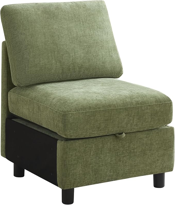 WUTUTUEE Middle Seat Module for Modular Sectional Couch Sofa, Living Room Accent Armless Sofa Chair with Storage & Pillow, Modern Side Sectional Middle Unit, Chenille Green