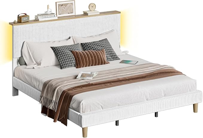 Bestier King Bed Frame with Adjustable Headboard & RGB LEDLighting, Corduroy Upholstered Platform Bed Frame withStorage Shelf, Solid Wood Slats, No Box Spring Needed,Never Squeak, Light Grey