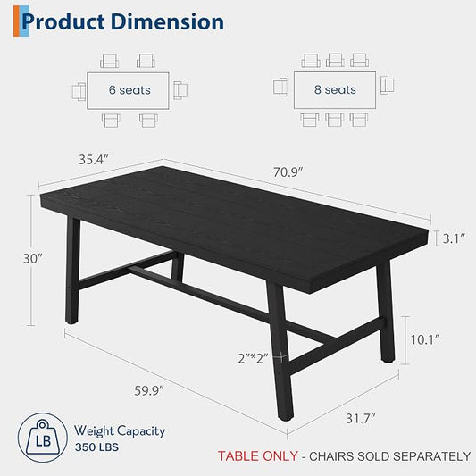GarveeHome Industrial Dining Table for 6-8 People, 70.87" Long Large Kitchen Table with Sturdy Metal Frame, Rectangular Counter for Dinner, Kitchen, Dining Room (Black, 71" Non-extendable)