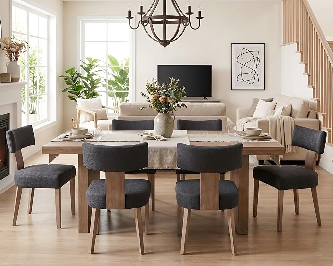 HNY Mid Century Modern Dining Chairs Set of 6, Farmhouse Linen Upholstered Accent Chairs Curved Backrest Kitchen Chairs, with Hardwood Frame, Charcoal