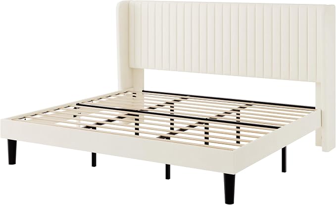 SHA CERLIN King Size Velvet Bed Frame with Vertical Channel Tufted Wingback Headboard, Upholstered Platform Bed with Wood Slats, No Box Spring Needed, Easy Assembly, Cream White
