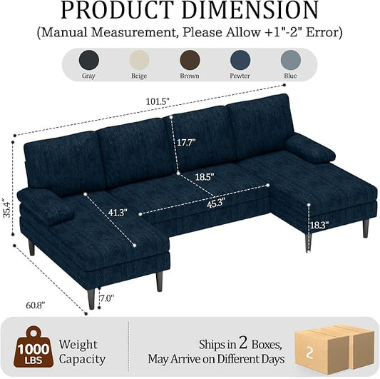 Korser U-Shaped Sectional Couches for Living Room, 101" Modular Sofa Set with Double Chaise, 4-Seat Chenille Couch with High-Density Foam for Apartment, Blue
