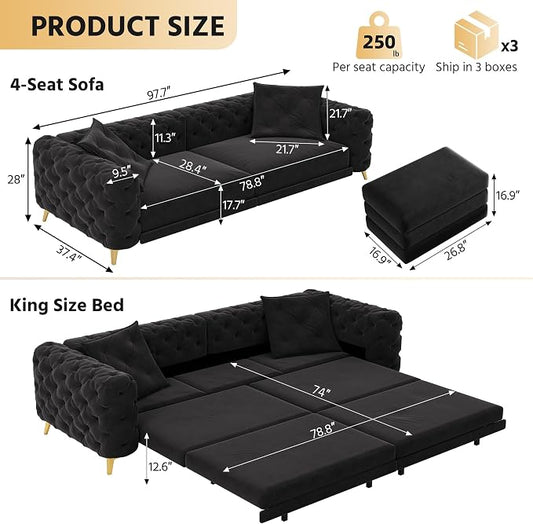 97.7" Convertible Queen Sleeper Sofa with Ottoman - Button Tufted Pull Out Sofa Bed, Velvet King Size Couch Bed & Vintage Deep Seat 4-Seater Couch for Small Spaces, Apartment & Living Room, Black | Button Tufted