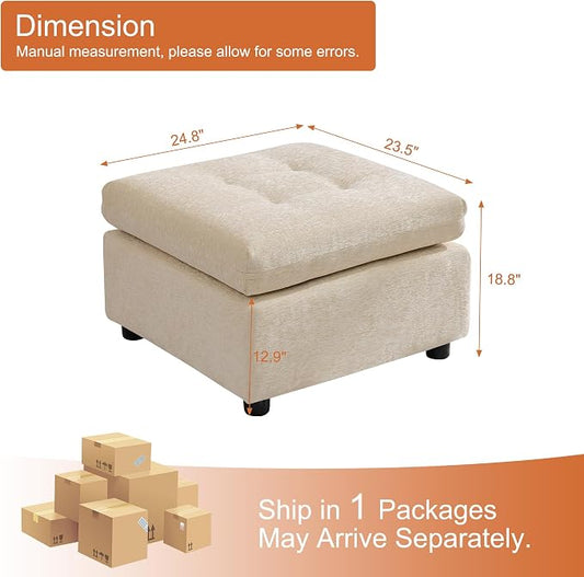 24" Square Modular Ottoman for Sectional Sofa, Tufted Chenille Upholstered Footrest, Cloud Sofa Ottoman for Living Room, Beige