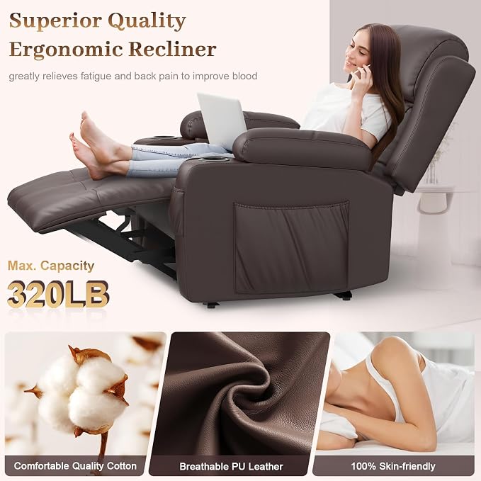 Extra Wide Seat Recliner Chair with Heat and Back Massage, Electric Power Oversized Reclining Chair Infinite Position with Storage Armrests & 2 Cup Holders for Living Room, Manual Recliners