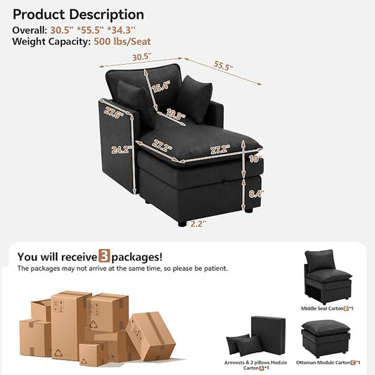 30" Black Faux Leather Storage Sofa Chair, Single Accent Chair with Ottoman | Modern Upholstered Deep Seat Sofa Chair, Comfort for Reading, Lounging, and Small spaces, Armchair for Living Room, Bedroom