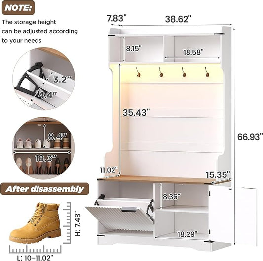 Maupvit 67" Tall Modern Boho Hall Tree with Bench and Shoe Storage, Entryway Fluted Coat Tree, Mudroom Bench with Flip Drawers, 4 Coat Hooks, Adjustable LED Light for Garage, Halls, White