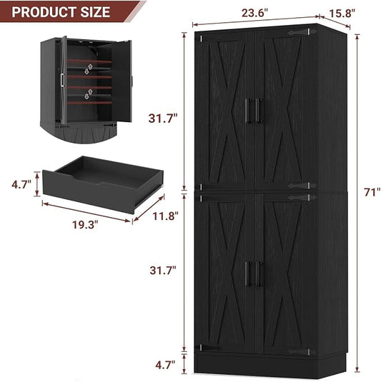 Unikito Black 71" Tall Kitchen Pantry Cabinet, Hidden Drawer and Farmhouse Barn Doors, 4 Adjustable Shelves, Freestanding Cupboard for Kitchen, Dining Room, Living Room, Utility Room