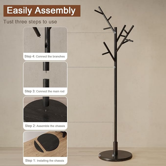 Muwuele Coat Rack, Solid Wood Coat Rack Freestanding with 12 Hooks, Coat tree freestanding 3 Adjustable Heights for coat, Hats, Handbags, Coat Stand for Entryway, Bedroom (Black)