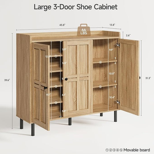 ONBRILL Shoe Cabinet with 3 Doors and Adjustable Shelves, 30 Pairs Shoe Storage Cabinet, 40 Inch Tall Farmhouse Shoe Rack Shoe Organizer Cabinet for Entryway Living Room Closet, Natural Oak