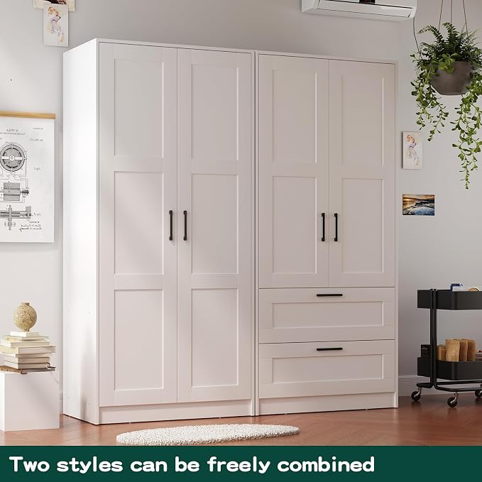 Fenghua Lizhi Wood White Wardrobe Closet with 2 Doors and 2 Drawers,Bedroom Freestanding Armoire Storage Cabinet with Shelves,Wooden Wardrobe Combination for Hanging Clothes (White 2 Drawers)