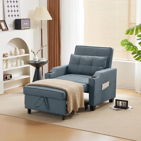 VINGLI Sleeper Chair with Pull Out Couch Bed, 3-in-1 Convertible Sofa Bed Chaise Recliner with USB Ports, Cup Holders, Side Pockets for Living Room Bedroom Small Spaces