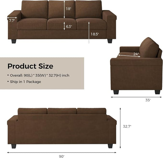 COPIAE 3 Seater Sofa Couch with Deep Seat, 90" Modern Upholstered Sofa with Armrests, Easy Installation, Comfy Couches for Living Room, Apartment,Dark Gray