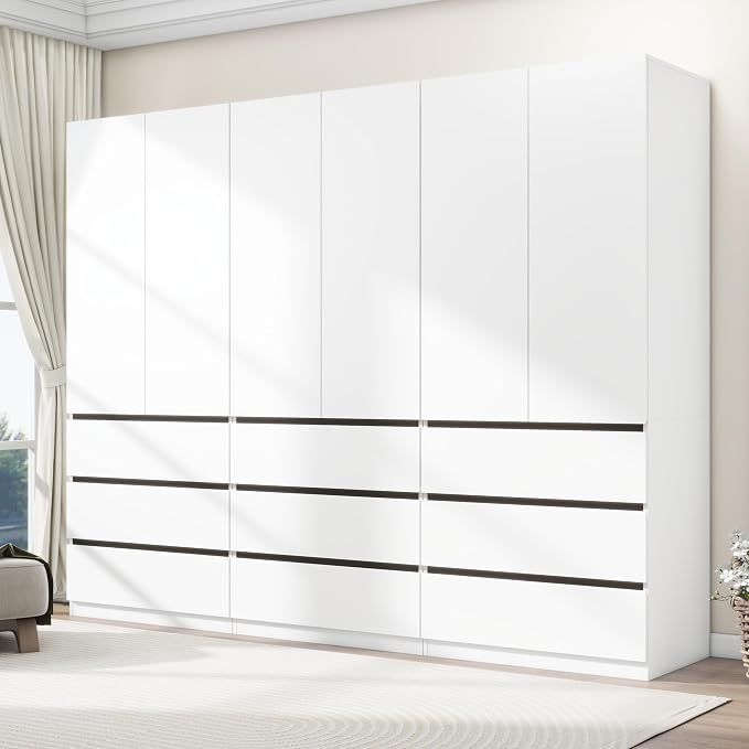 Armoire Wardrobe Closet with Drawers:75" Large White Wardrobe Closet Cabinet with 6 Doors for Hanging Clothes, Modern Wooden Bedroom Armoires with 9 Drawers and Storage (B+B+B, 94.5")