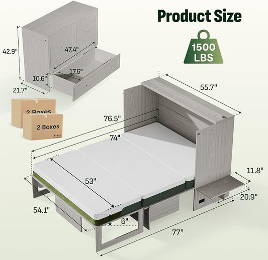 Softa Full Murphy Bed Cabinet with 6" Tri-Fold Mattress, Storage Drawer & Charging Station, 1200 Lb Heavy Duty Wood Wall Bed with Fold-Down Desk for Guest Room & Home Office, No Box Spring Needed