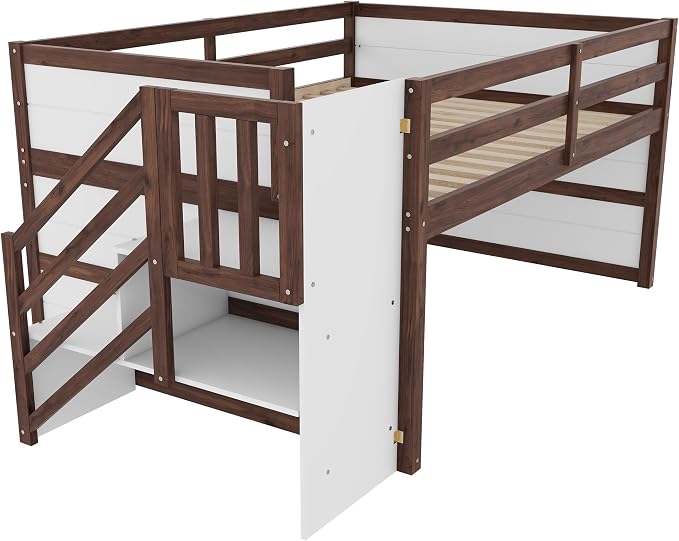 Bellemave Full Size Low loft Bed for Kids,Wood Loft Beds,Modern Farmhouse Full loft Bed,Loft Bed with Desk and Storage, No Box Spring Needed,for Kids, White + Walnut