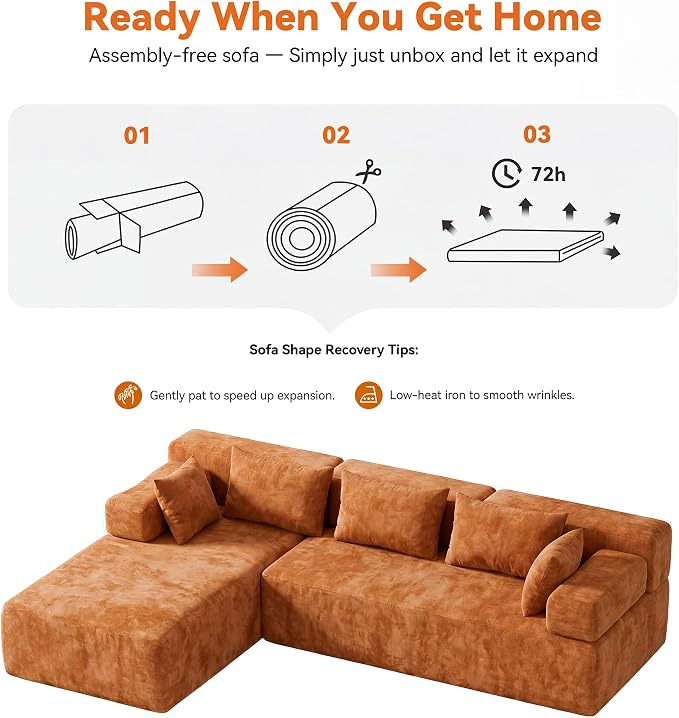 MONVANE 106" Cloud Sectional Couch with L-Shaped Chaise, Modular Sectional Sofa with Deep Seat and Removable Armrests, Comfy Chenille Boneless Couches for Living Room, No Assembly Required, Orange