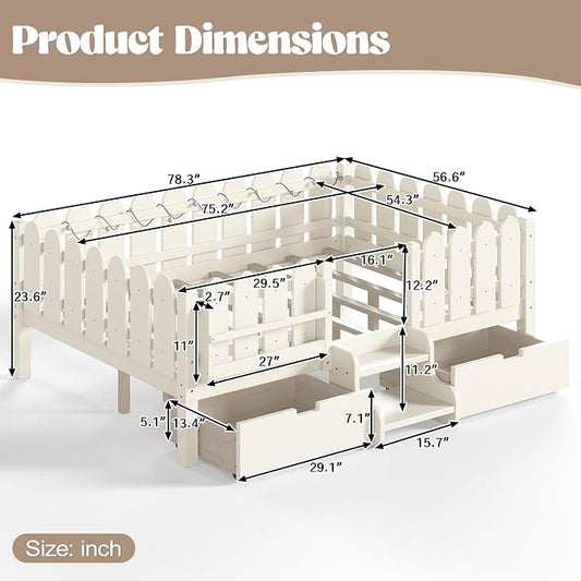 Bellemave Full Size Montessori Bed with Stairs, Lights, Rails and Slats, Full Size Montessori Floor Bed with Bookshelf and 2 Storage Drawers, Easy Assemble Beds Frame for Girls, Boys, Beige