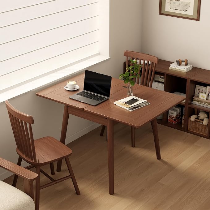 Solid Wood Small Dining Table for 2-6, 23.6"L-47.2"L Expandable Kitchen Table, Designed for Small Spaces, Easy Assembly, Suitable for Kitchen, Dining Room, Living Room, Apartment (Walnut)