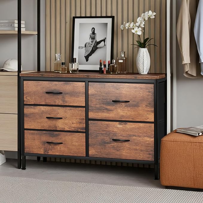 DUMOS TV Stand for Bedroom with 5 Drawers, Storage Chest of Drawers | Fabric Storage Organizers Units with Metal Frame for Books, Hallway, Rust