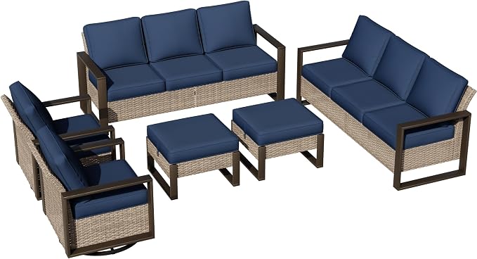 Outdoor Patio Swivel Rocker Chairs, 6 Pieces Wicker Furniture Set, 2 Swivel Rocking Chairs, 2 Sofa and 2 Ottoman, Metal Wide Armrest, Thick Cushions and Deep Seating for Garden, Backyard, Porch, Deck