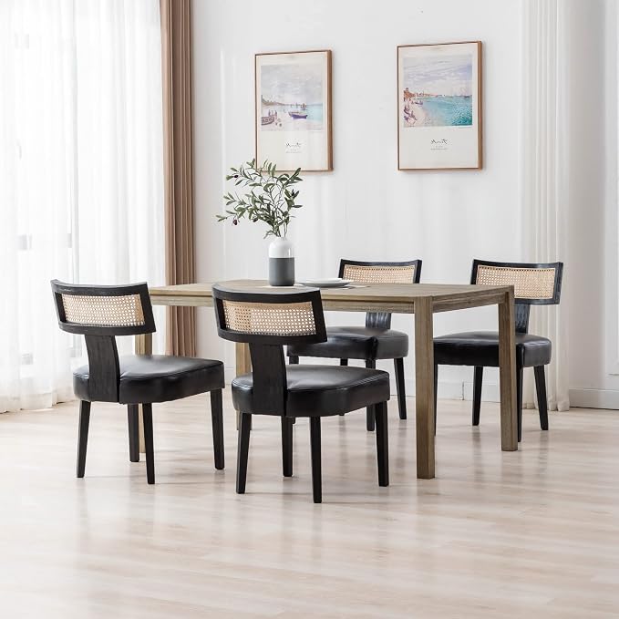 RIVOVA Rattan Dining Chairs Set of 2, Modern PU Leather Upholstered Kitchen Chairs, Wooden Dining Room Chair Farmhouse Dinner Chair with Black Wood Frame, Black