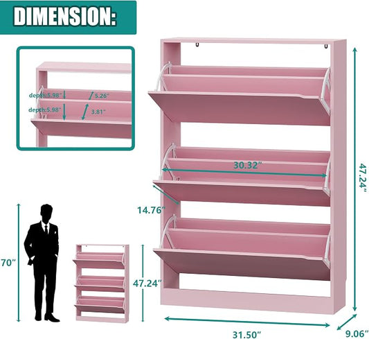 Xixini Shoe Storage Cabinet for Entryway with 3 Flip Drawers, Sturdy Wood Hidden Shoe Storage, Freestanding Narrow Slim Shoe Organizer for Front Door Entrance, Living Room, Hallway, Bedroom, Pink
