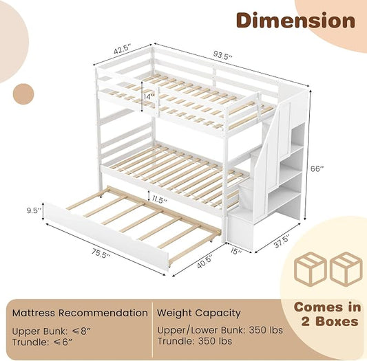 Giantex Bunk Bed Twin Over Twin with Trundle & Storage Stairs, Solid Wood Bunk Bed, Convertible to 2 Beds, Versatile Bunk Beds for Kids Teens Adults,White