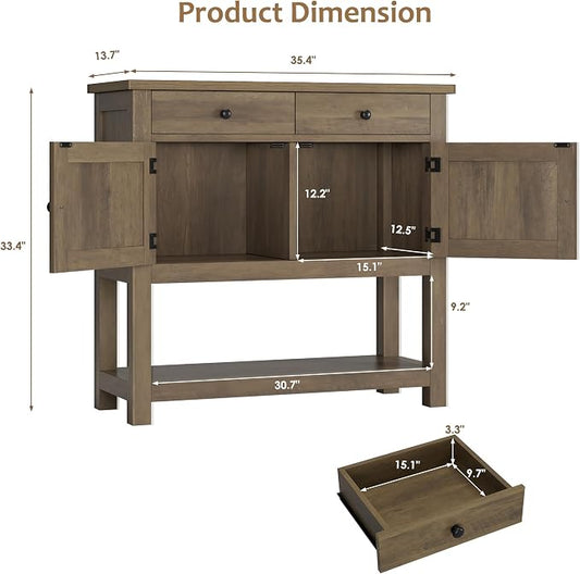 HOSTACK Farmhouse Console Table with 2-Door Cabinet & 2 Drawers, Coffee Bar, Entryway Table with Storage Shelf, Sofa Tables Buffet Sideboard for Kitchen, Hallway, Dining, Living Room, Rustic Brown