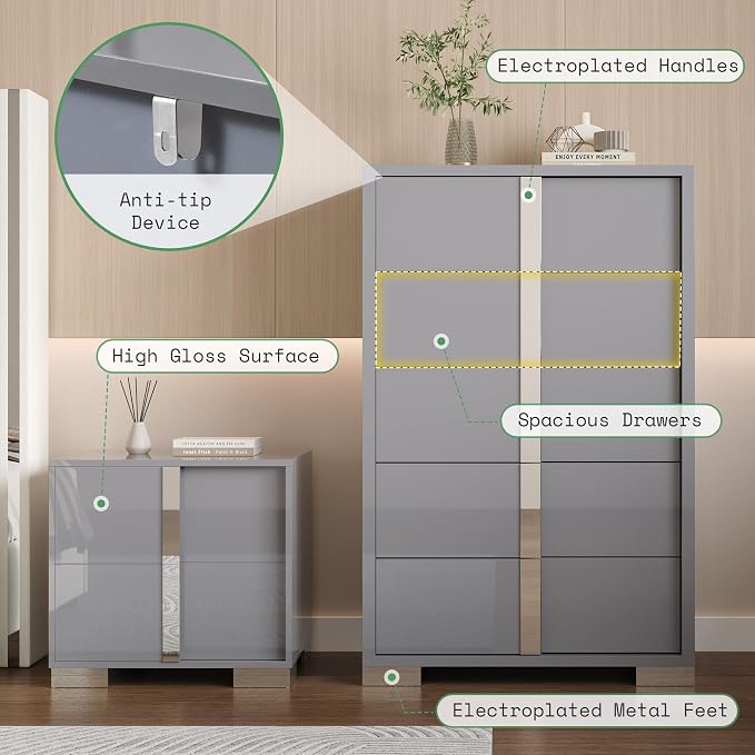 AMERLIFE 4 Piece Bedroom Dresser Set, Modern High Gloss UV Finish, 2 Nightstands, Chest of 5 Drawers & 6-Drawer Dresser, Electroplated Metal Handles, Bedroom Furniture Set, Grey