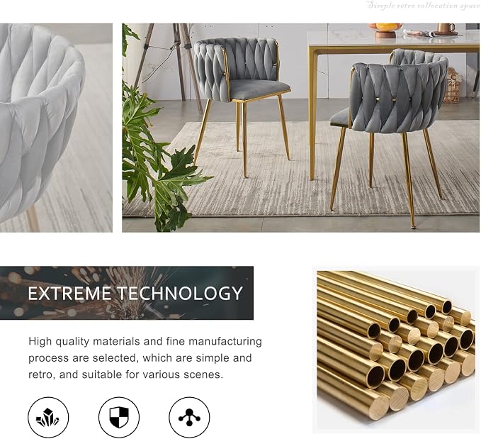 Velvet Dining Chairs Set of 2, Modern Upholstered Dining Room Chairs with Golden Metal Legs and Woven Backrest for Dining Room, Kitchen, Vanity, Living Room (Grey)