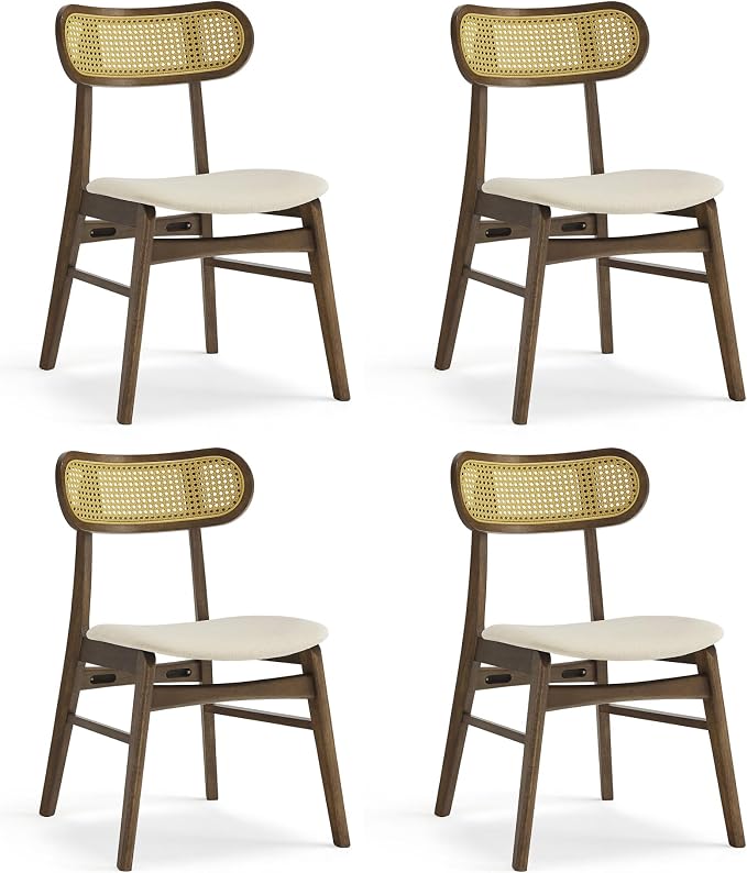 KISLOT Rattan Dining Chairs Set of 4, Upholstered Modern Dining Room Chairs, Mid Century Oak Wood Kitchen Chairs with Rattan Backrest for Farmhouse, Restaurant, Café (Cream Fabric & Walnut Color)
