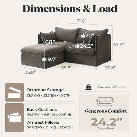 Cloud Modular Loveseat + Ottoman, Oversized Deep Seat, Luxe Chenille | Fully Removable Washable Covers, Memory Foam Seat Cushions, Storage Ottoman, Premium Fabric