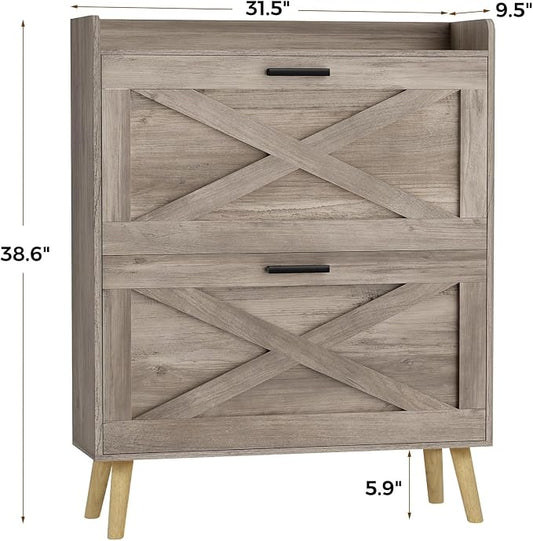 Homleke Farmhouse Shoe Storage Cabinet with Flip Drawers & Barn Door Design | Slim Narrow Shoe Rack Cabinet with Adjustable Shelves & Hidden Storage for Entryway, Foyer, Hallway, Living Room, Greige
