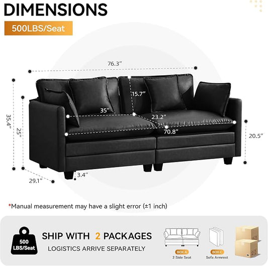 76'' Cloud Deep Seat Loveseat, Upholstered Leather Modular 2-Seats Sectional Sofa Couch, Modern Comfy Settee Loveseat for Living Room Set, Small Apartment, Leather Black