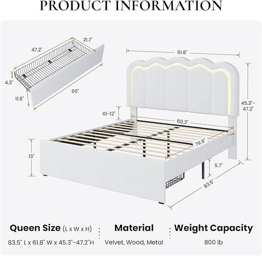 SHA CERLIN Upholstered Queen Size Bed Frame with LED Lights and Large Storage Drawer, Velvet Platform Bed with Adjustable Wavy Headboard, Noise Free, Easy Assembly, No Box Spring Needed, Soft White