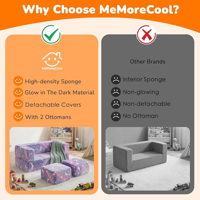 MeMoreCool Unicorn Modular Kids Couch, Glow Rainbow Play Toddler Couch for Bedroom, Convertible Foam Kids Sofa Bed, Fold Out Baby Sofa for Girl Boy, Purple