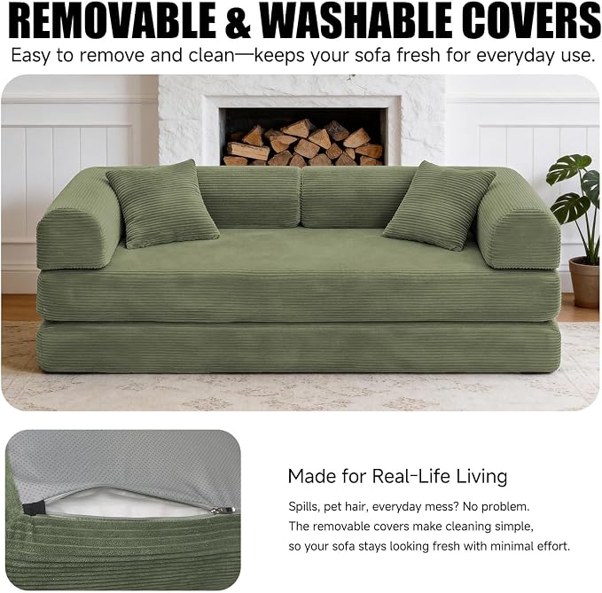 79'' Convertible Sofa Bed, Boneless Couch-in-a-Box, Corduroy Floor Futon Loveseat Sleeper, 26'' Deep Seat, Removable Machine-Wash Covers, No Assembly, 2 Pillows, Olive Green