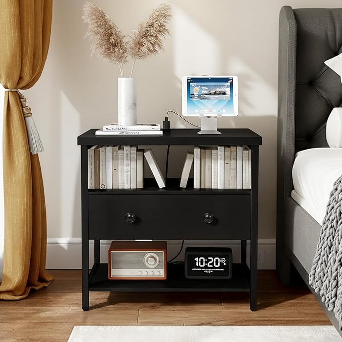 Edbuosy 27 Inch Wide Night Stand with Charging Station, Wood Nightstand with Open Shelf, Large Drawer Bedside Table for Living Room/Bedroom/Office, Black