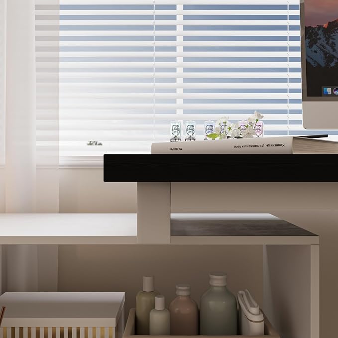 Bobve L Shaped Computer Desk, 47 Inch Home Office Desk with File Drawers & Storage Shelves, Small Corner Computer Desk for Small Space (White+Black)