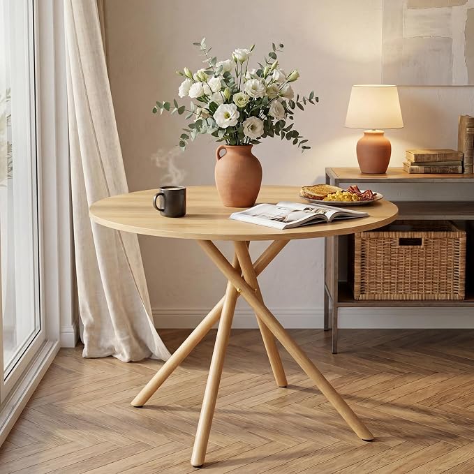 VINGLI 37.5" Round Dining Table for 4, Wood Kitchen Table, Oak | Cross Metal Leg, Adjustable Feet, Wood Tabletop, Mid-Century Modern Style, for Living Room, Dining Room, Kitchen, Small Place