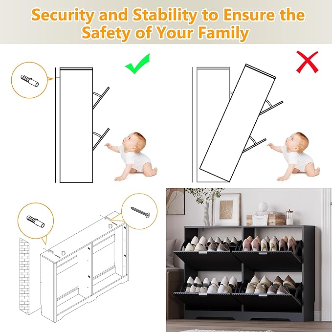 BORNOON Large Shoe Cabinet for Entryway, Shoe Rack Cabinet with 4 Flip Drawer and Adjustable Shelves for Small Apartment, Foyer