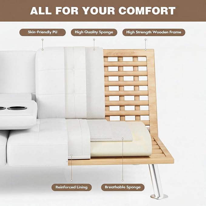Homall Futon Sofa Bed, Leather Futon Couch with Removable Armrests, Adjustable Recliner Sleeper Sofa Bed with Dual Cup Holders for Living Room, Apartment, Office (White)